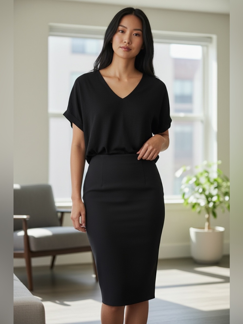 Chicos Womans Black 100% Linen V-Neck Top, Size Medium